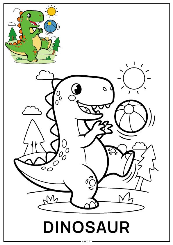 Free printable dinosaur coloring pages PDF where dinosaur playing with ball