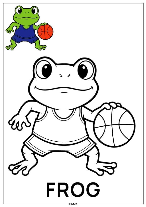 frog playing basketball coloring page