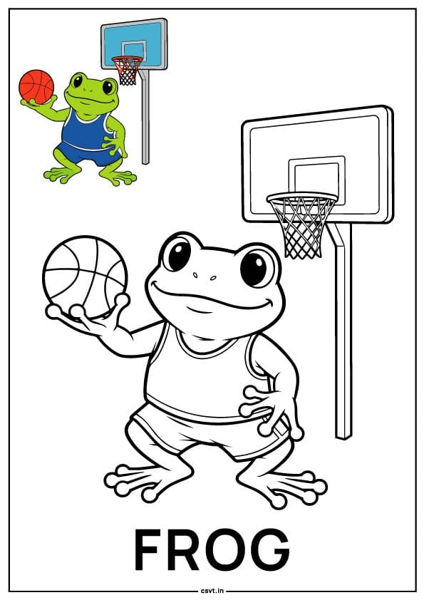 frog playing basketball coloring page