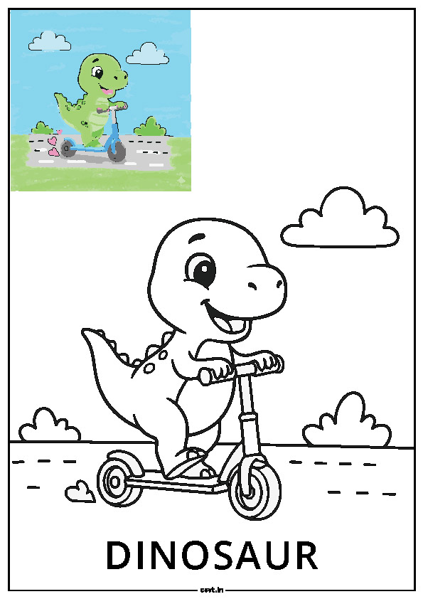 dinosaur riding a small scooter coloring page