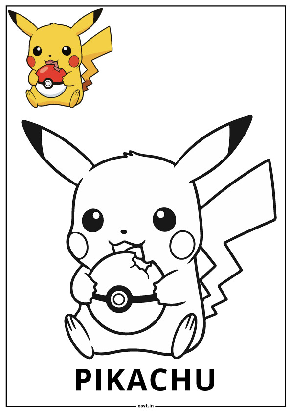 Free coloring page of pikachu biting pokeball