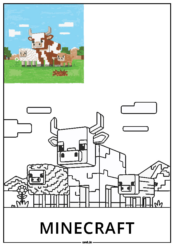 Minecraft coloring page with blocky cow pig and sheep