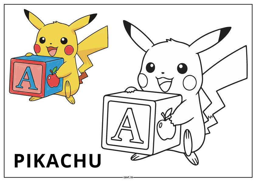 Pikachu coloring page holding a big alphabet block with letter A