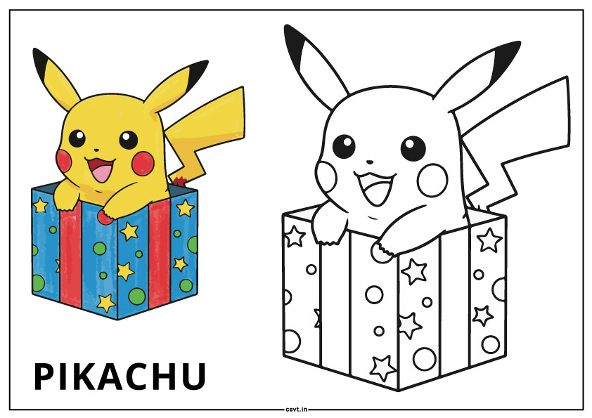 Pikachu coloring page peeking out of a gift box free