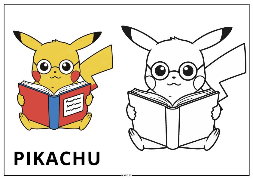 Pikachu coloring page reading a big book printable