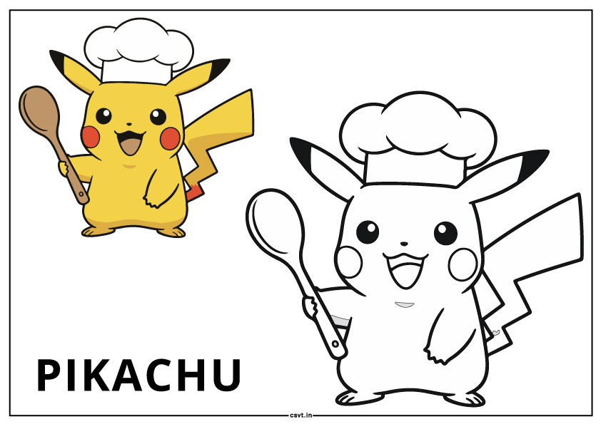 Pikachu coloring page wearing a small chef hat and holding a spoon