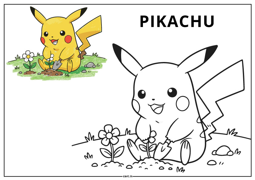 Pikachu coloring sheet planting a small flower in the ground easy