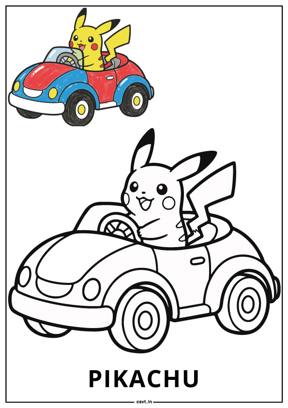 Pikachu coloring sheet riding a small toy car printable