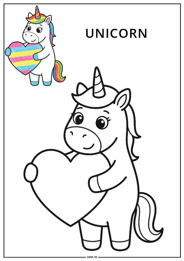 Cute unicorn holding a big heart coloring page easy free