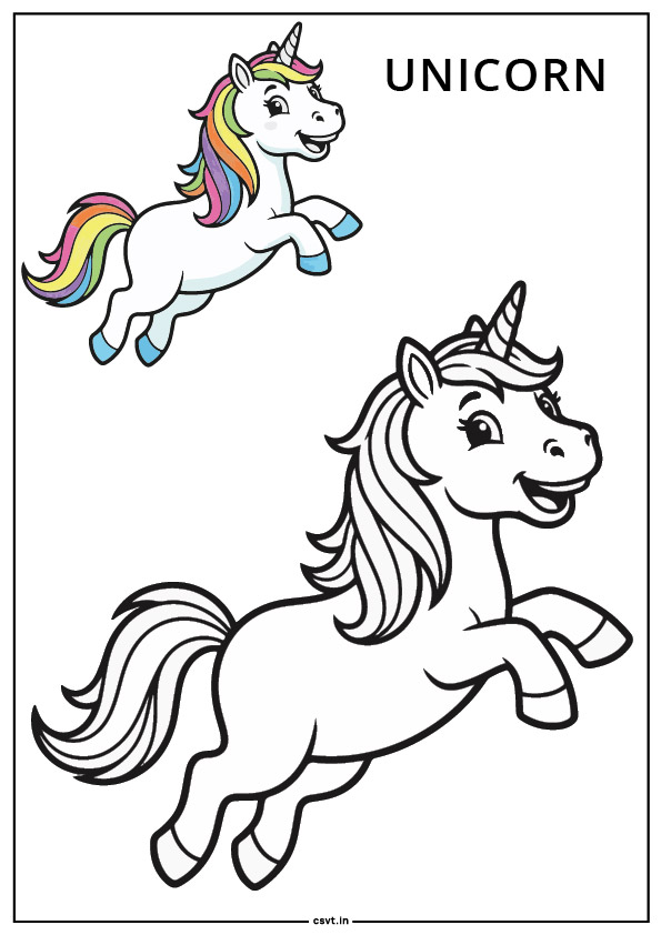 Happy jumping unicorn coloring page printable pdf free