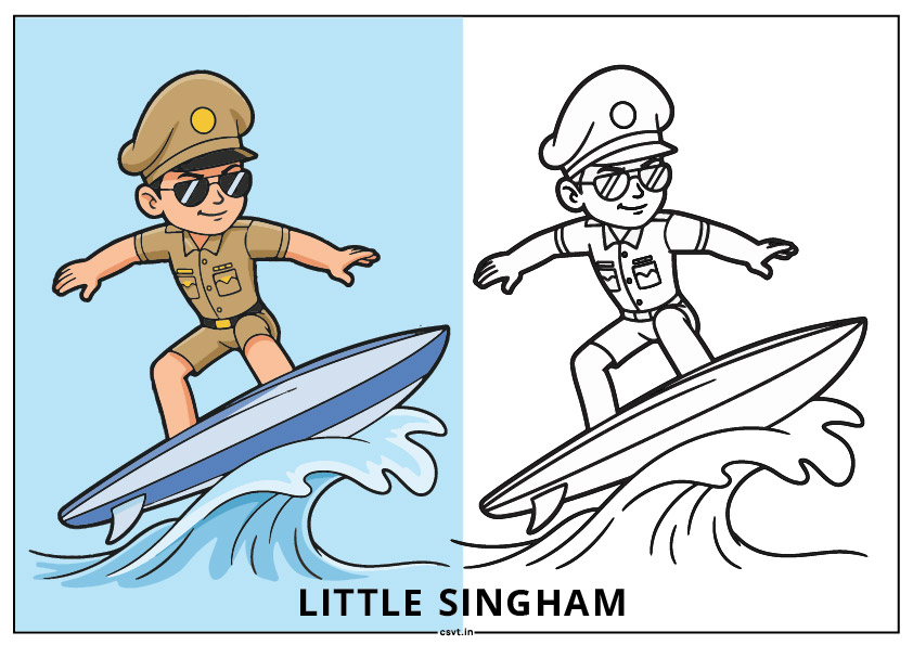 Little singham surfing on water pose coloring page pdf