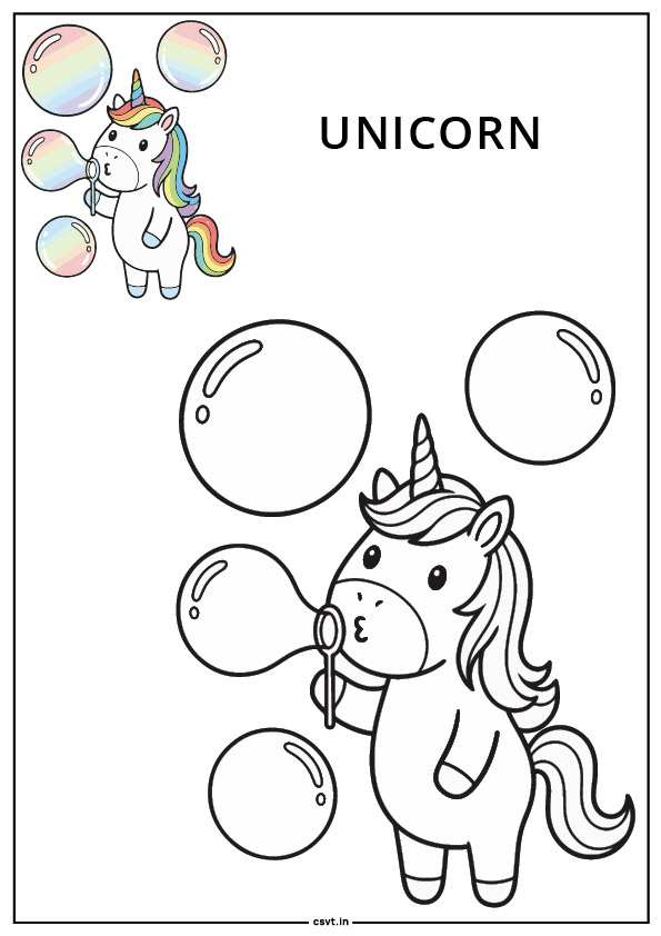 Unicorn blowing a few big bubbles coloring page free