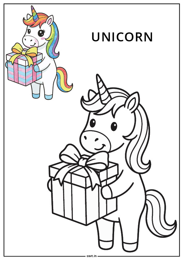 Unicorn gift box coloring page pdf