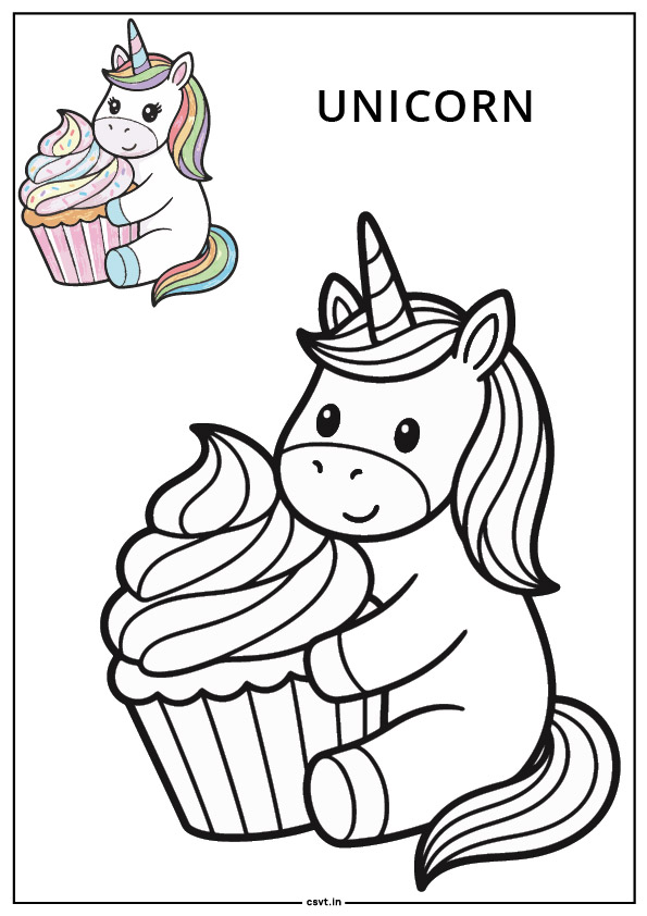 Unicorn holding a big cupcake coloring page pdf
