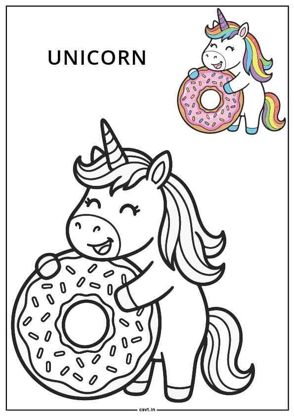 Unicorn holding a big donut coloring page printable