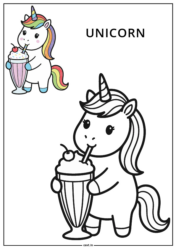 Unicorn holding a big milkshake coloring page easy