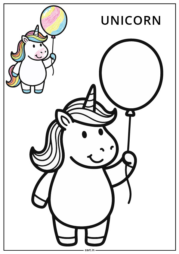 Unicorn holding a single balloon coloring page easy