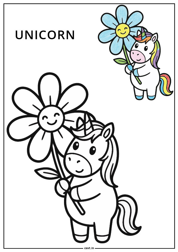 Unicorn holding one big flower coloring page printable