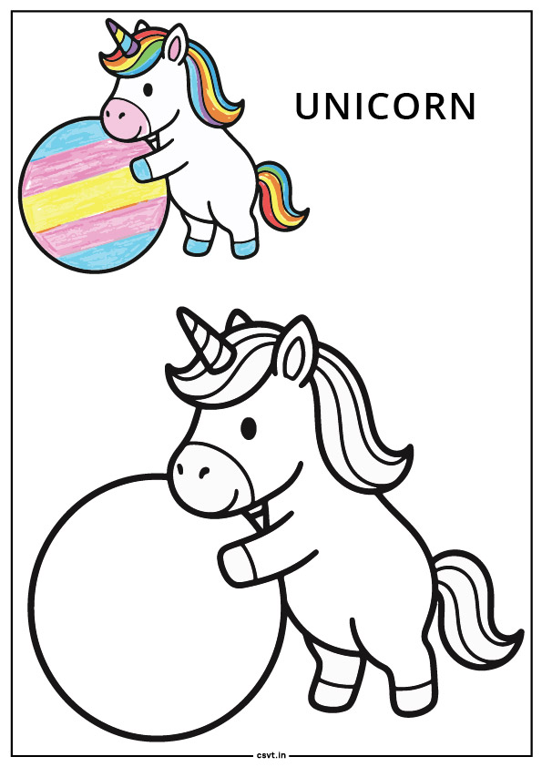 Unicorn playing with one big ball coloring page pdf
