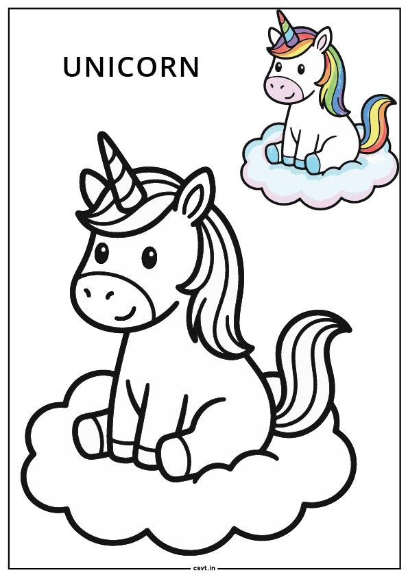 Unicorn sitting on a small cloud coloring page printable
