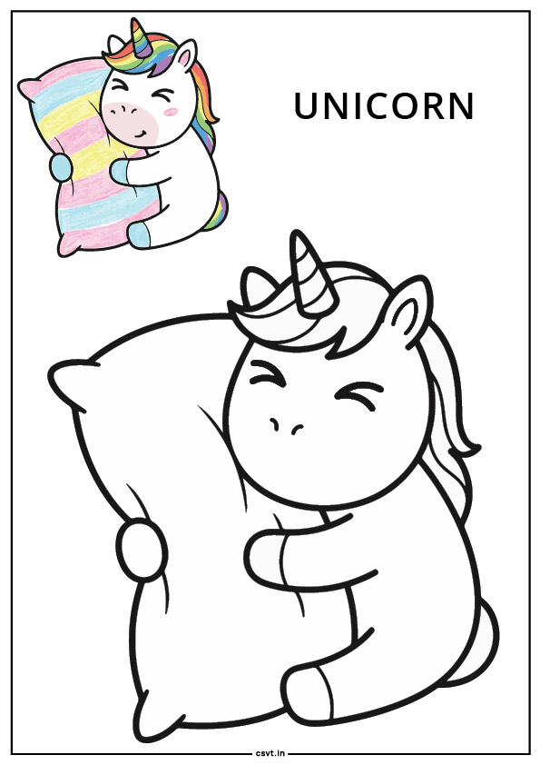 cute unicorn hugging a big pillow coloring page