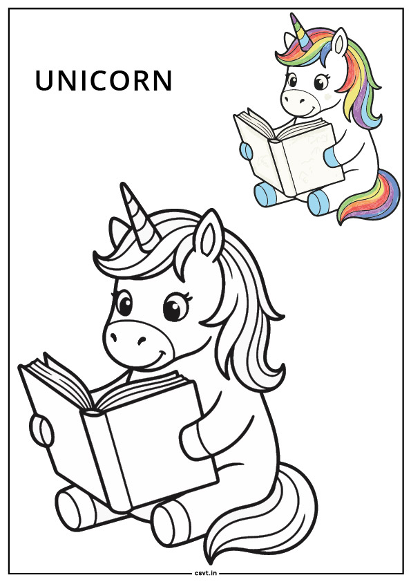 unicorn reading a book coloring page