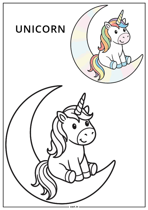 unicorn sitting on a simple crescent moon coloring page