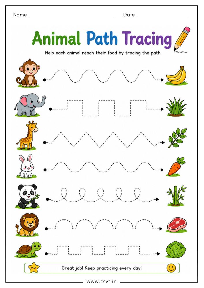 Animal path tracing worksheet for preschool tracing activities