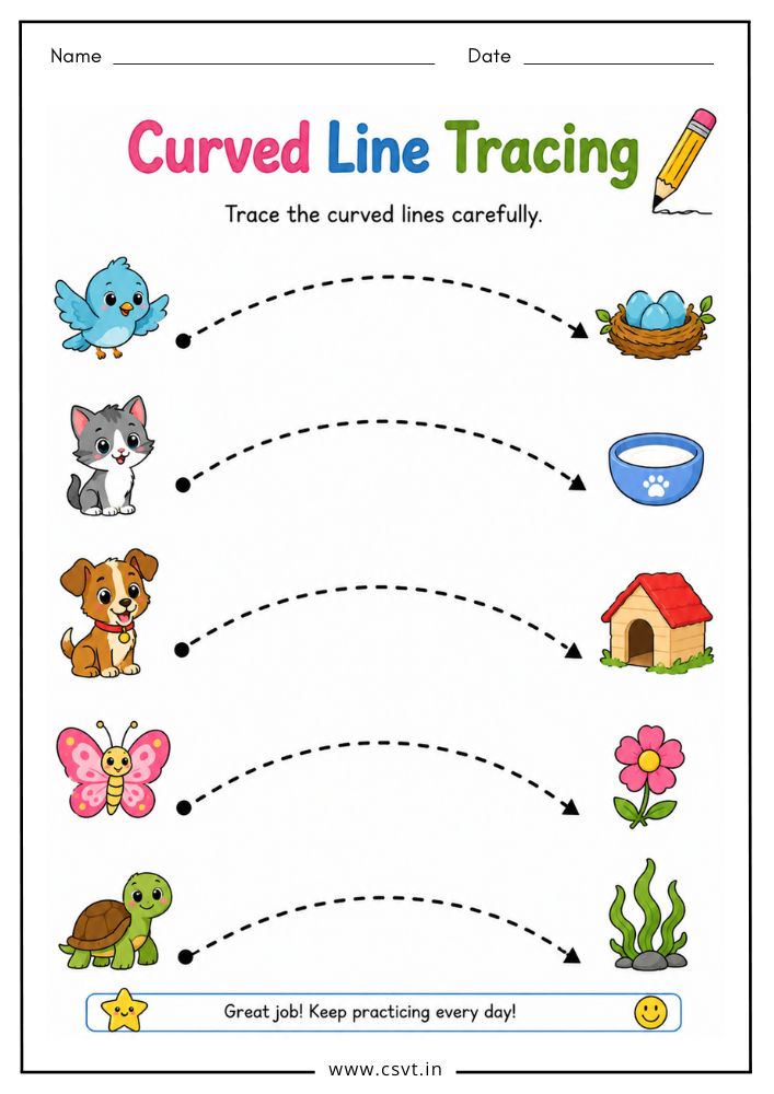 Curved line tracing worksheet for preschool fine motor practice