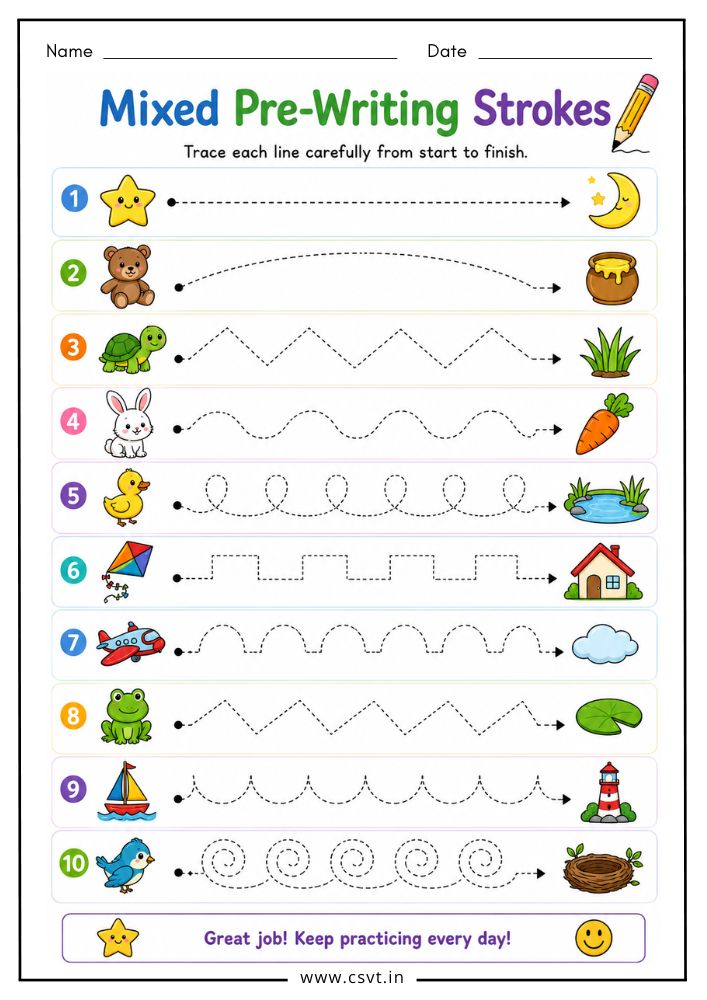 Mixed pre writing strokes worksheet for preschool handwriting practice
