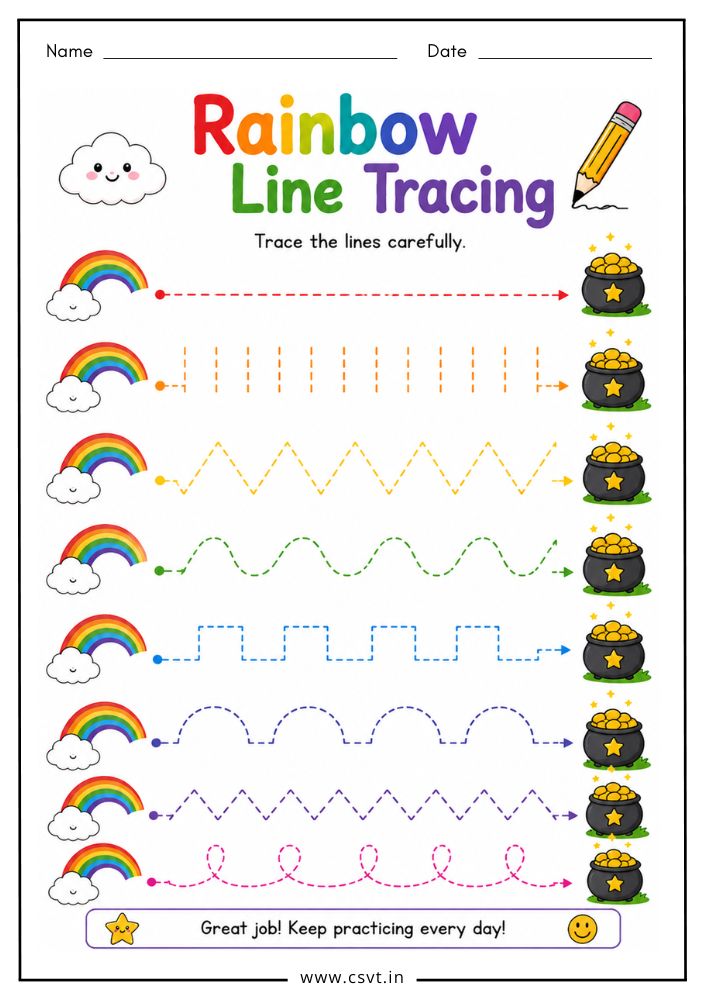 Rainbow tracing worksheet for preschool pre writing practice
