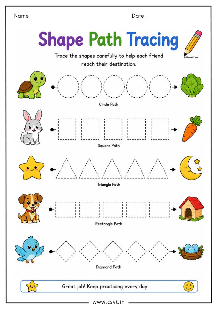 Shape path tracing worksheet for preschool shape practice