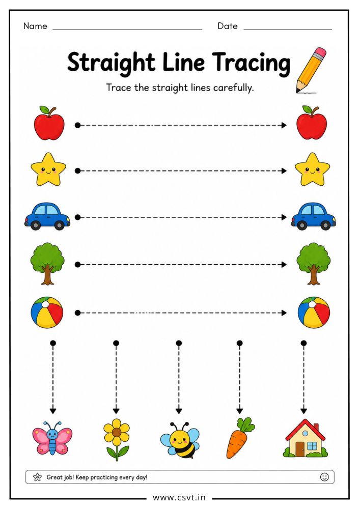 Preschool straight line tracing worksheet for pencil control practice
