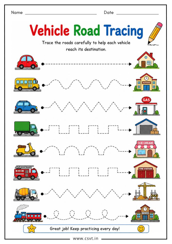 Vehicle road tracing worksheet for preschool transportation activities
