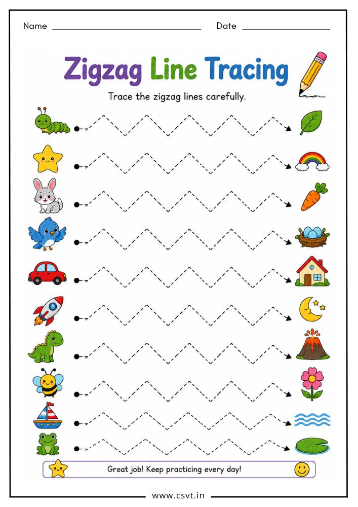 Zigzag tracing worksheet for preschool pre writing practice