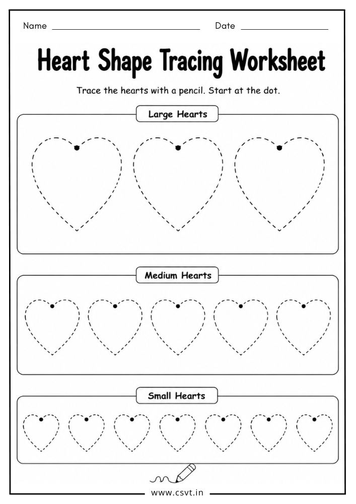 Heart shape tracing worksheet for preschool learners