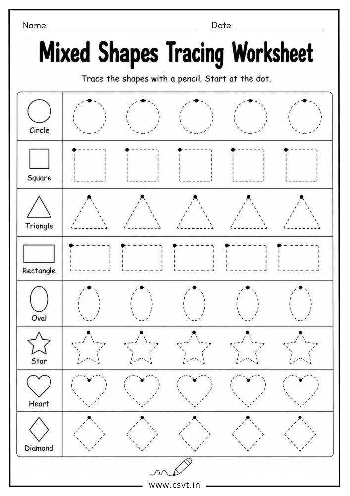 Mixed shapes tracing worksheet for preschool children
