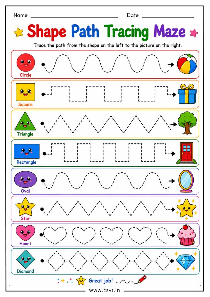 Shape path tracing maze worksheet for preschool learners