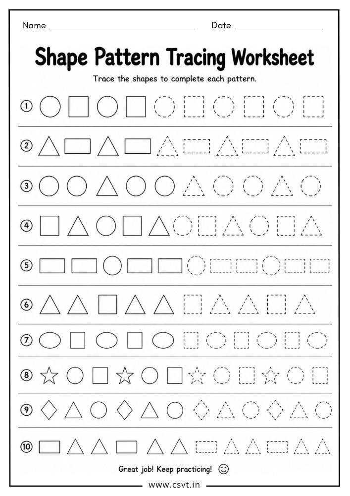 Shape pattern tracing worksheet for preschool pattern practice