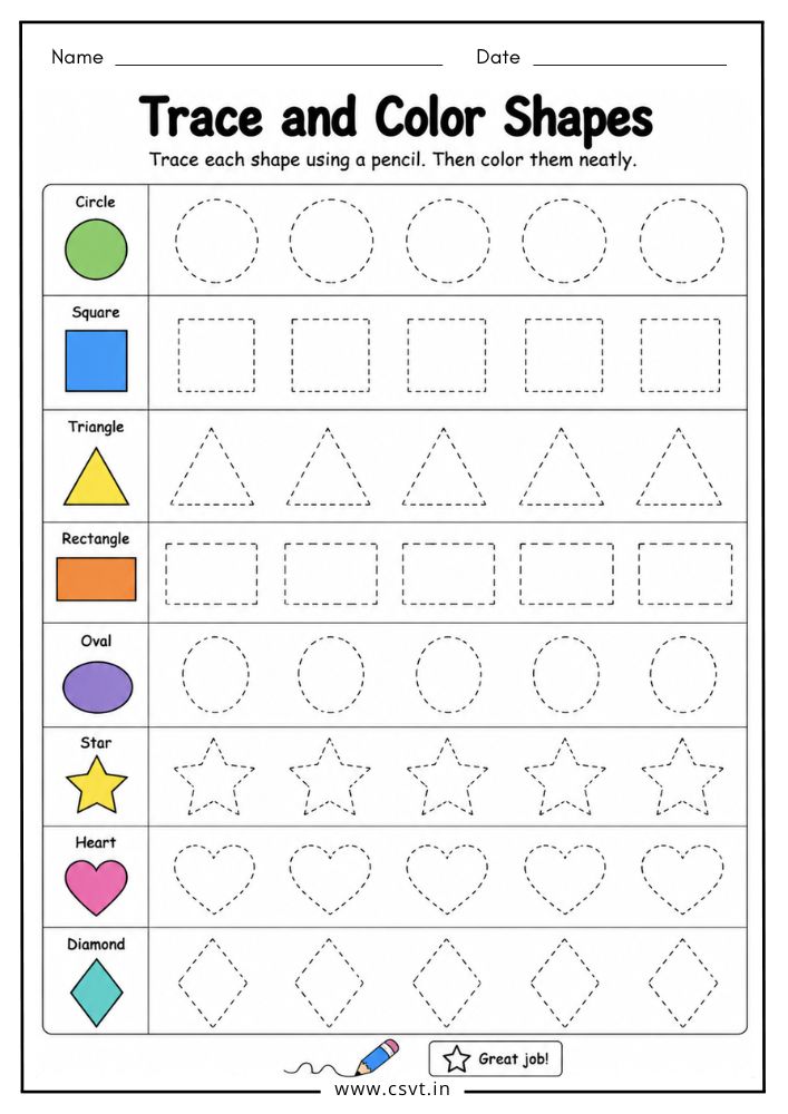 Trace and color shapes worksheet for preschool kids