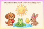 Cute cartoon animals and children playing in a sunny kindergarten learning garden with letters and numbers.