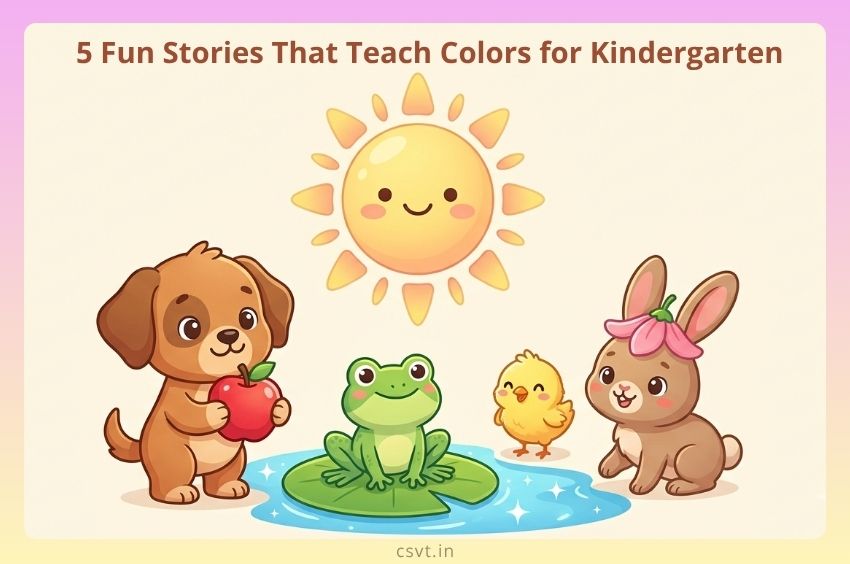 Cute cartoon animals and children playing in a sunny kindergarten learning garden with letters and numbers.