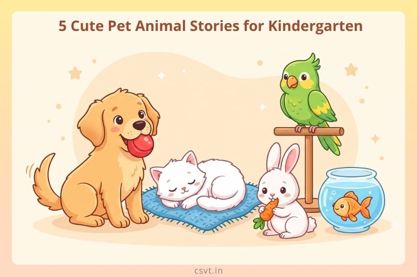 Five cute domestic pets including puppy, kitten, bunny, parrot, and goldfish for kindergarten pet stories.