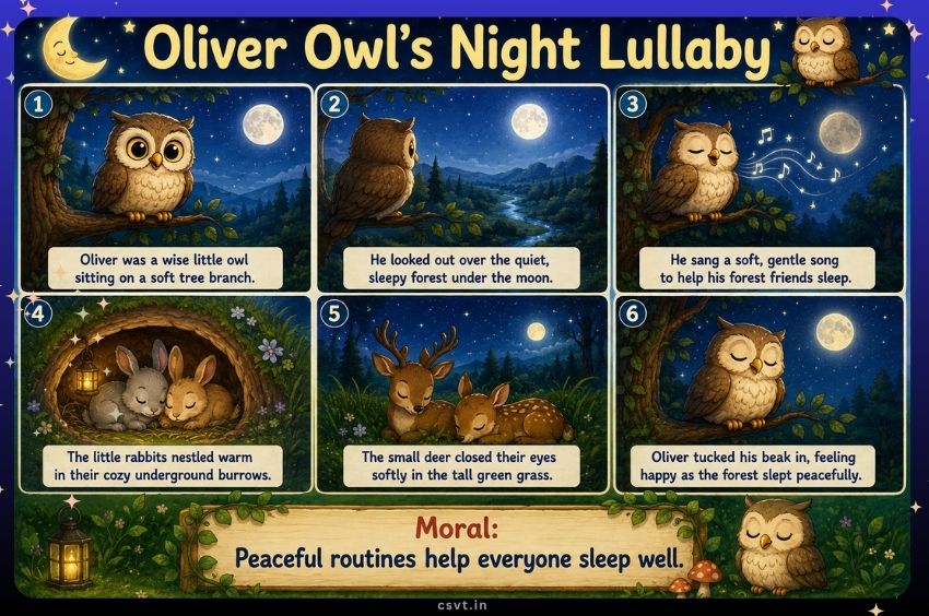 Bedtime story scene with a cute illustrated owl sitting on a branch, helping forest friends sleep.