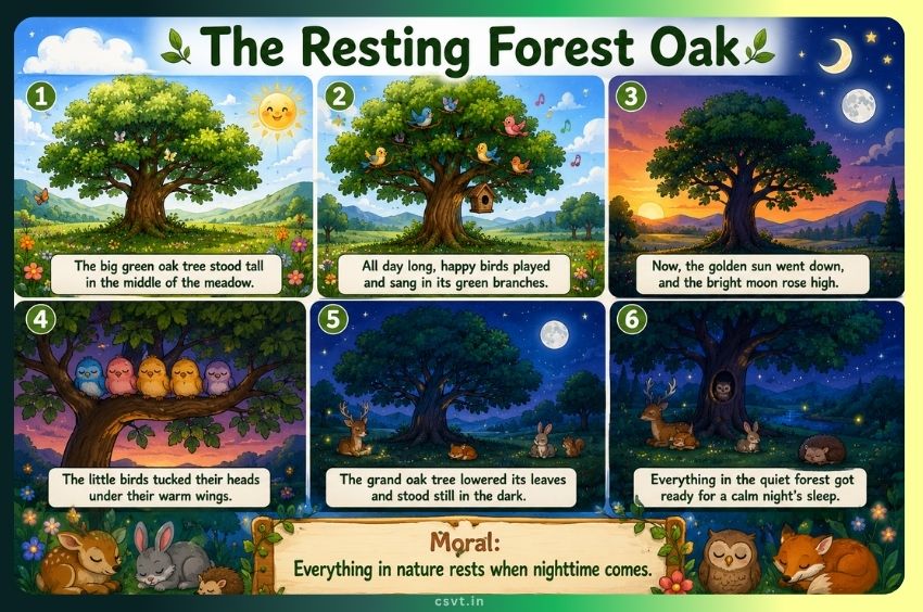 Bedtime story scene from "The Resting Forest Oak" showing a large oak tree and nocturnal animals resting under a starry night sky.
