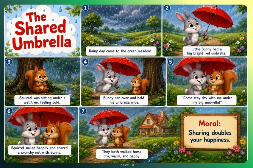 Kindness story scene from "The Shared Umbrella" with a little bunny and squirrel sharing an umbrella in the rain.