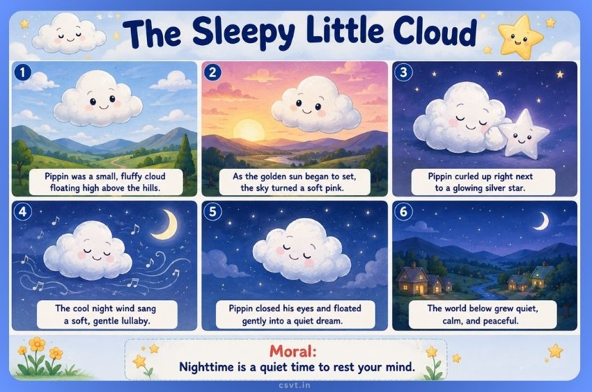 Soothing illustration from "The Sleepy Little Cloud" showing a cute cloud character floating peacefully over hills at night.