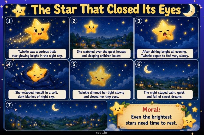 Bedtime story illustration showing a cute, sleeping star character snuggled in a cozy cloud bed.