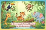 Cute baby jungle animals including a tiger cub on a log, baby elephant, toucan, giraffe, and monkey in a kindergarten story illustration.