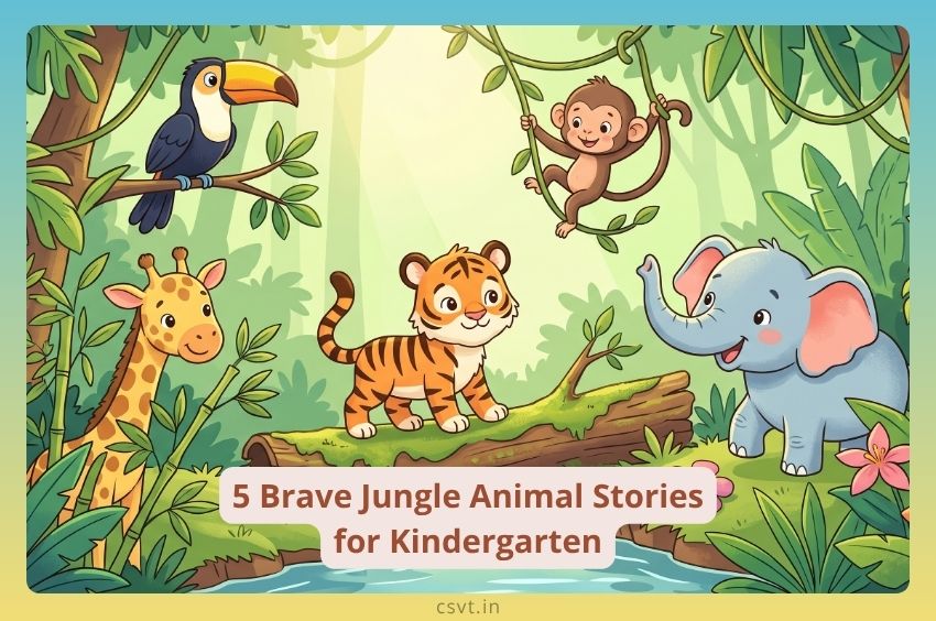 Cute baby jungle animals including a tiger cub on a log, baby elephant, toucan, giraffe, and monkey in a kindergarten story illustration.